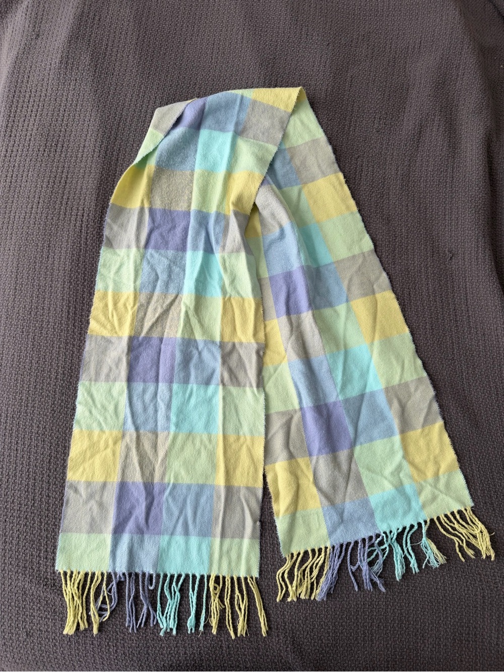 Made in Scotland 100% Cashmere Plaid Rectangle Scarf Pastel Blue Green Fringe